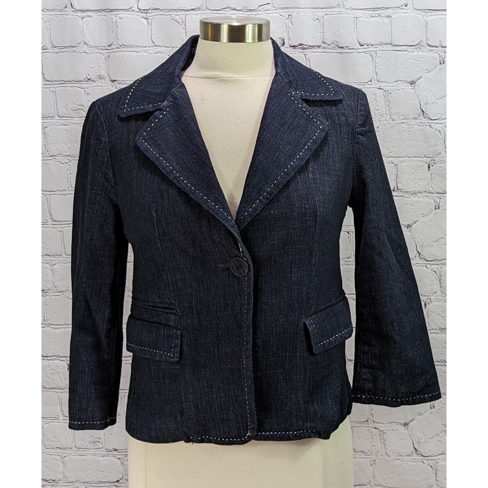 Talbots Sz 4 Dark Blue Dress Denim Blazer Jacket w White Top Stitching 1 Button